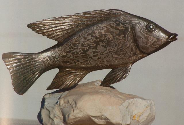 Laminated steel Damascus fish sculpture