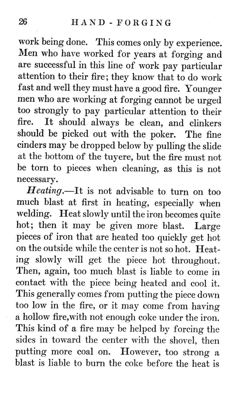p.26, forging, line of work, fire, clinkers, poke, cinders, tuyere, blast, welding, iron, coke, shovel, burn