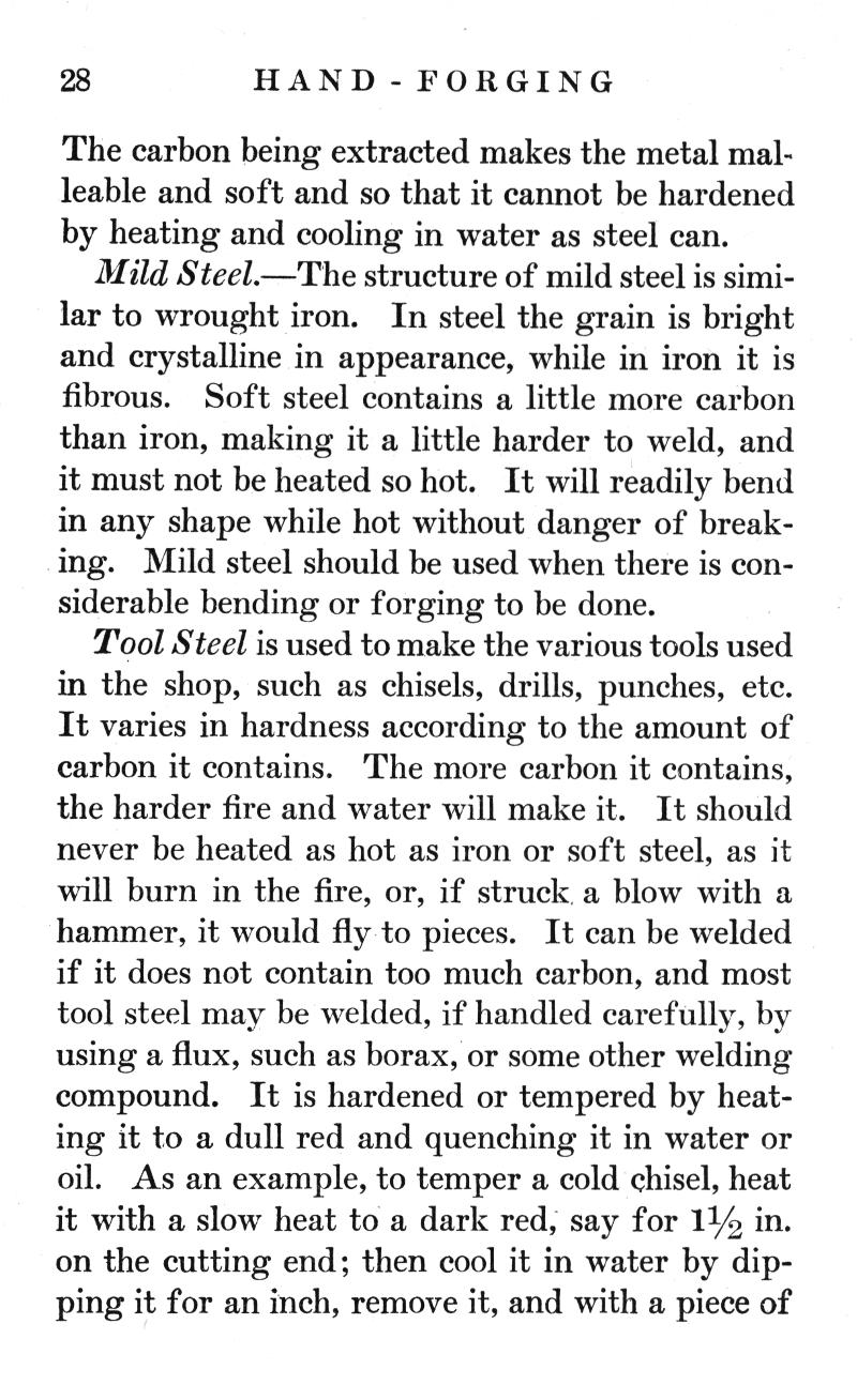 p.28, HAND-FORGING, carbon, metal, malleable, soft, hardened, heating, cooling, water, steel, Mild Steel, wrought iron, fibrous, weld, bend, bending, forging, Tool Steel, tools, shop, chisels, drills, punches, hardness, flux, borax, quenching, oil, temper, cold chisel