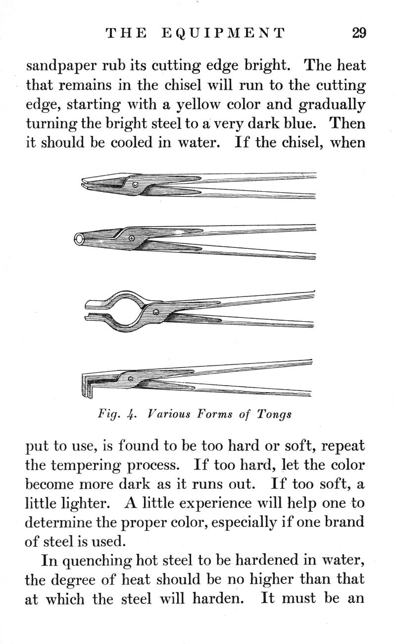 EQUIPMENT, p.29, sandpaper, cutting edge, chisel, yellow, dark blue, Fig. 4, Tongs, hard, soft, tempering, process, color, soft, steel, quenching, hardened, water, degree, harden