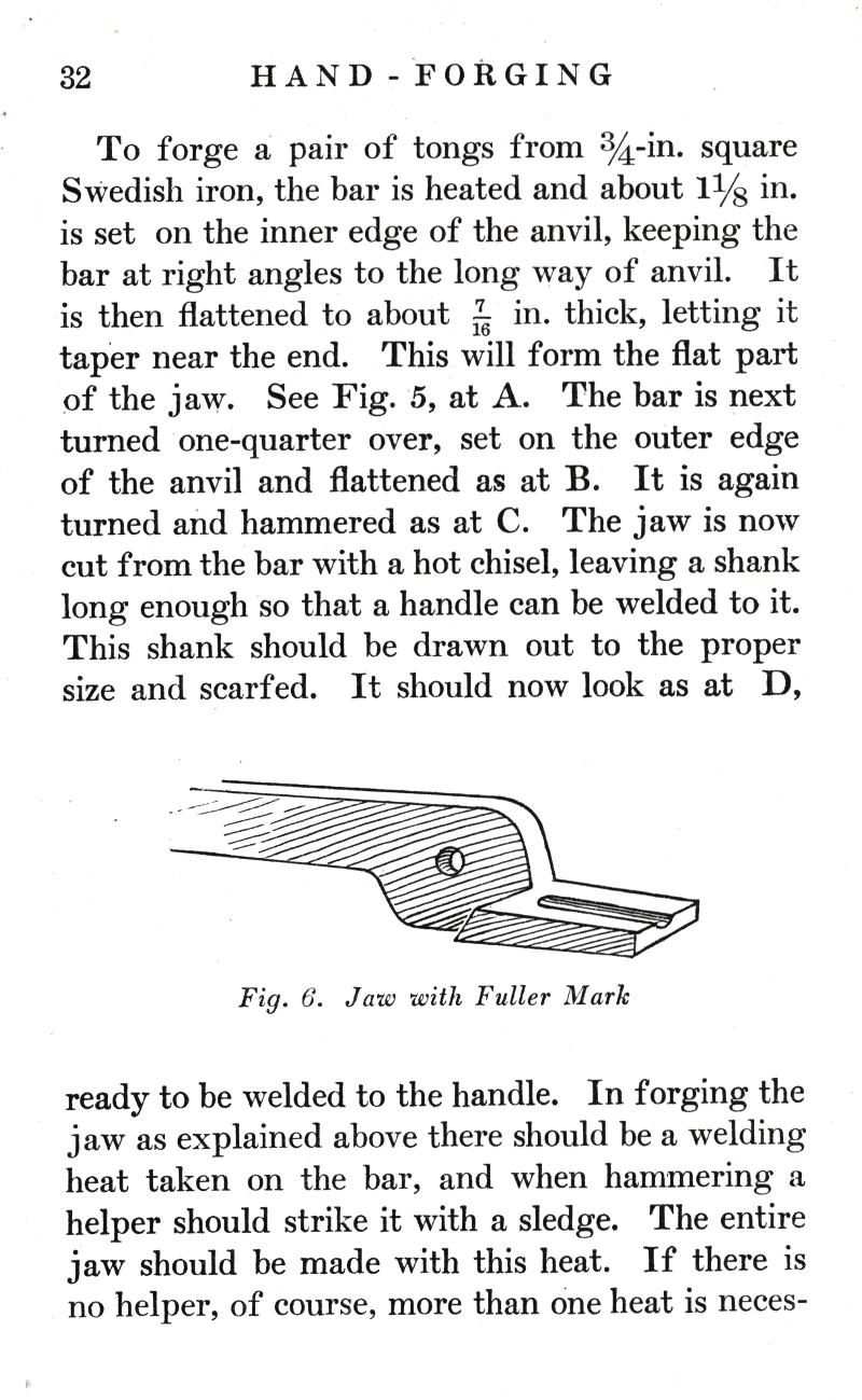FORGING, forge, tongs, square, Swedish iron, anvil, taper, jaw, hammered, chisel, shank, welded, scarfed, Fig. 6, Jaw, Fuller Mark, handle, helper, strike, sledge