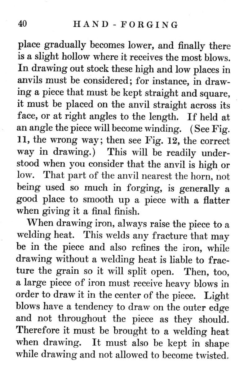 hollow, blows, drawing out, straight, right angles, drawing, horn, iron, welding, fracture, grain, twisted