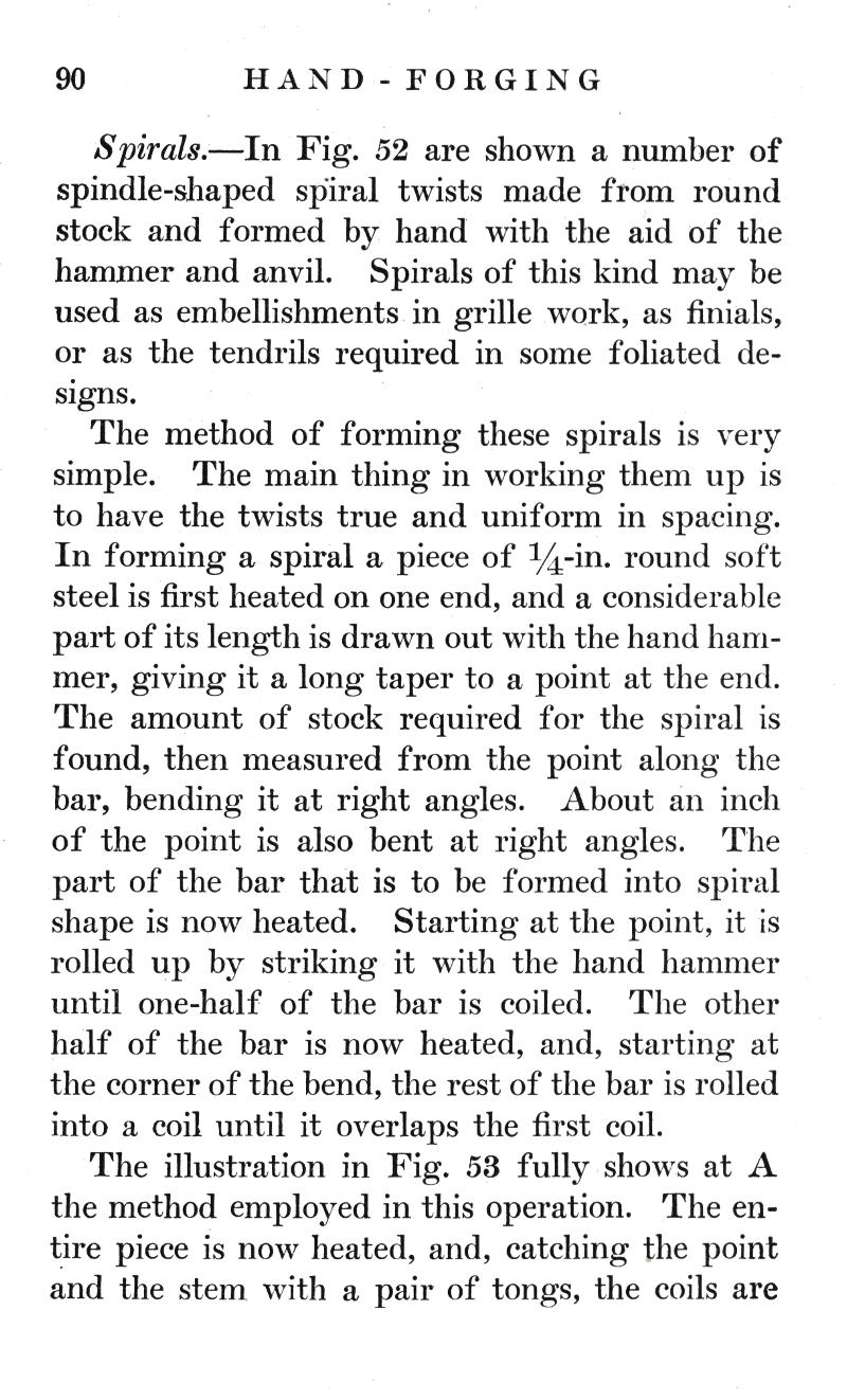 HAND FORGING, Spirals, spindle-shaped, twists, round, stock, formed, hand, hammer, anvil, embellishments, grille, finials, tendrils, foliated, uniform, spacing, soft steel, hand hammer, taper, point, measured, striking, rolled, coil, overlap, illustration, tongs