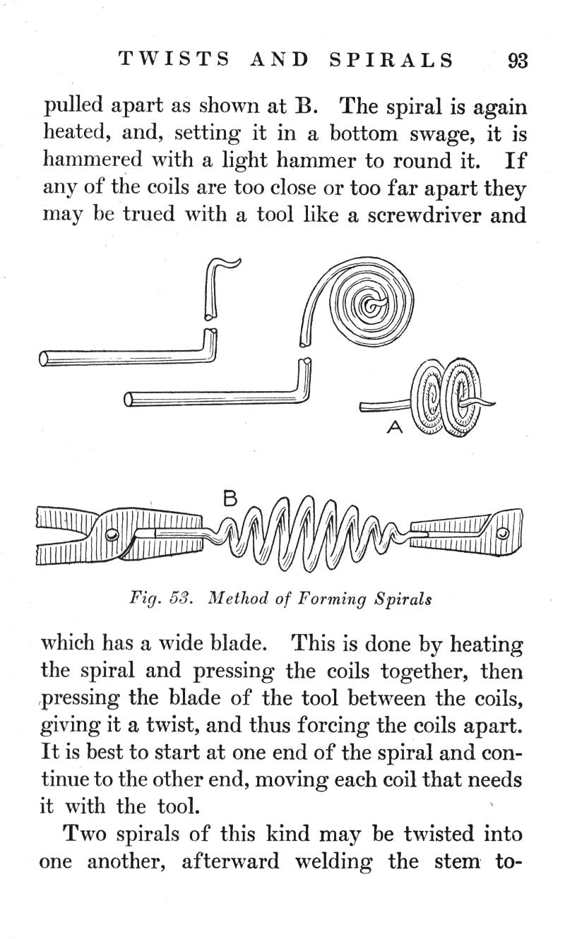 TWISTS, SPIRALS, spiral, heated, bottom swage, hammered, light hammer, round, coils, screwdriver, wide blade, heating, twist, afterward, welding