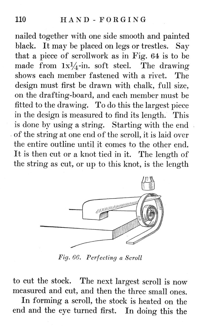 HAND, FORGING, nailed, smooth, painted black, legs, trestles, scrollwork, soft steel, drawing, fastened, rivet, design, drawn, chalk, full size, drafting-board, string, scroll, outline, knot, Perfecting a Scroll, measured, forming
