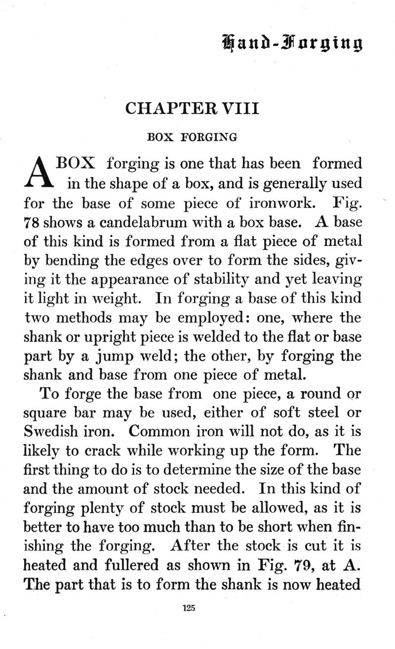 CHAPTER VIII, BOX, FORGING, shape, ironwork, Fig. 78, candelabrum, stability, welded, jump weld, shank, metal, Swedish iron, form, Fig. 79, p.126