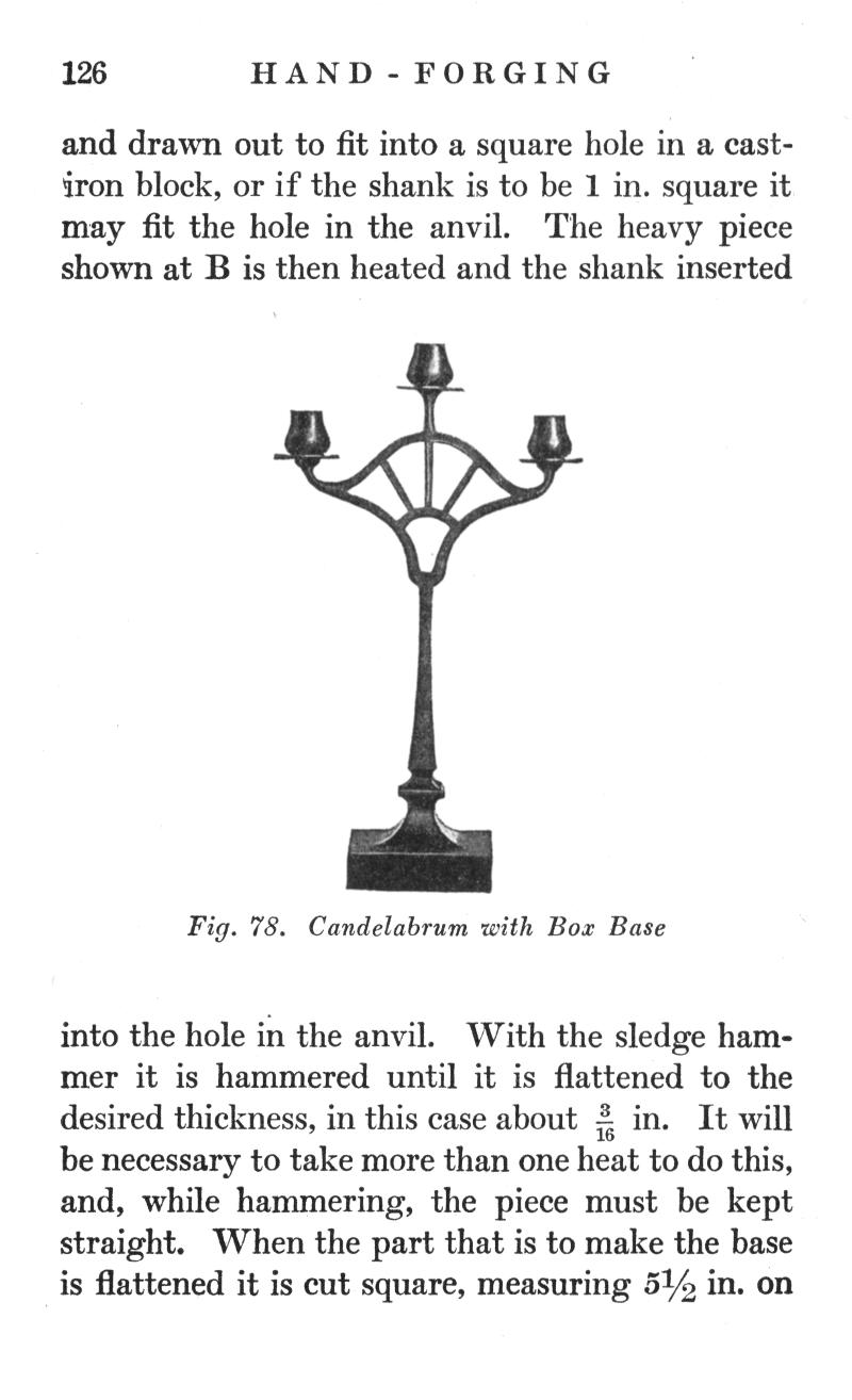 p.126, HAND, FORGING, drawn, cast-iron, block, shank, anvil, Fig. 78, Candelabrum, Box, sledge hammer, hammered