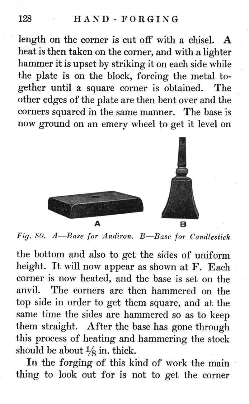 p.128,	HAND-FORGING, chisel, heat, hammer, striking, block, metal, emery wheel, Fig. 8O, Andiron, Candlestick, anvil, hammered