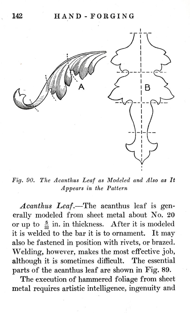 p.142, HAND FORGING, Fig. 90, Acanthus, Leaf, Modeled, Pattern, ornament, rivets, brazed, Welding, Fig. 89, hammered, foliage, artistic, intelligence, ingenuity