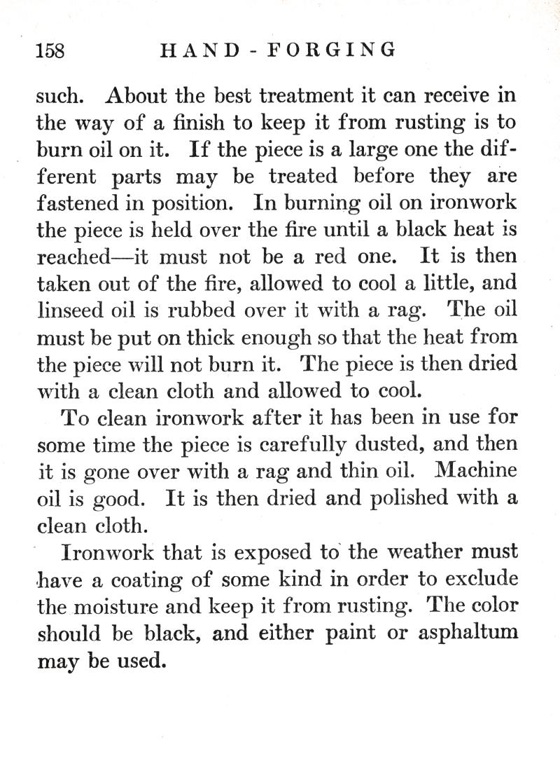 p.158, HAND FORGING, finish, rusting, burn oil, ironwork, black heat, fire, linseed, oil, rag, Machine oil, polished, clean cloth, weather, black, paint, asphaltum