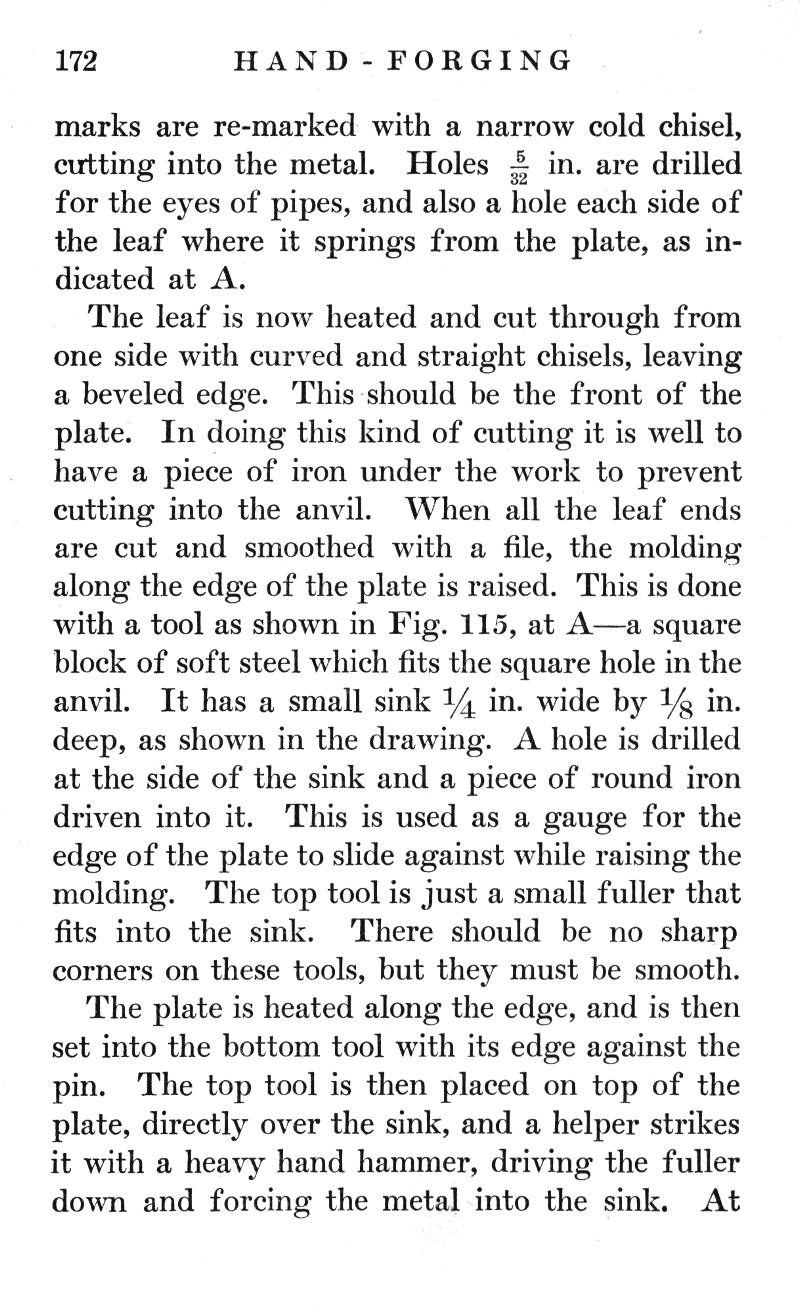 p.172, HAND FORGING, cold chisel, cutting, metal, Holes, drilled, pipes, leaf, straight chisels, beveled, edge, iron, anvil, file, molding, Fig. 115, square block, soft steel, top tool, sink, hand hammer, fuller