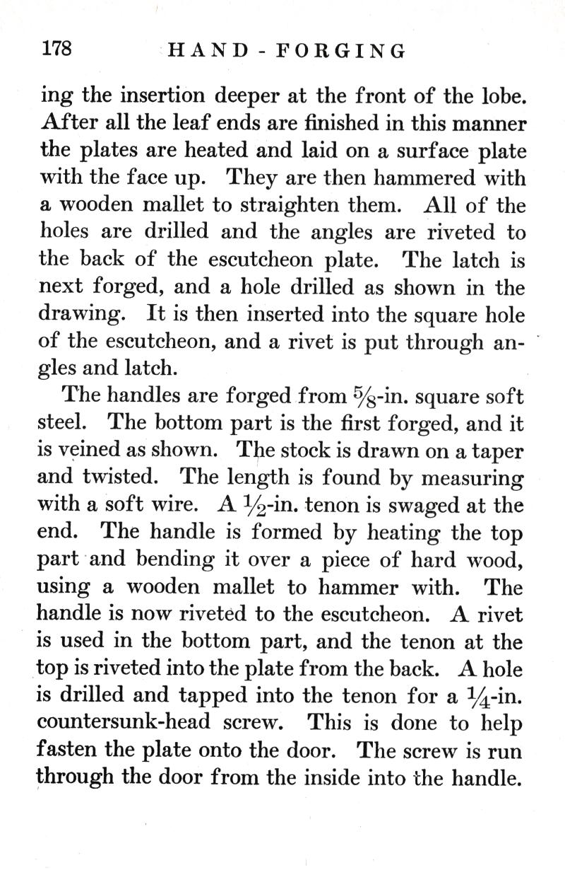 p.178, HAND FORGING, leaf, plates, surface plate, hammered, wooden mallet, straighten, holes, drilled, angles, riveted, escutcheon plate, latch, forged, drawing, square hole, rivet, square soft steel, veined, taper, twisted, soft wire, tenon, swaged, riveted, countersunk-head screw