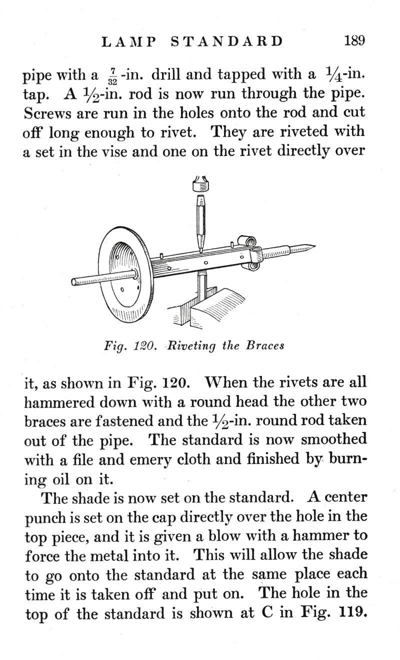 LAMP STANDARD, p.189, pipe, drill, tapped, rivet, vise, Fig. 120, Braces, Fig. 120, hammered, file, emery cloth, shade, center punch, hammer, metal, Fig. 119