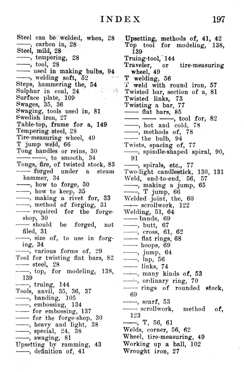 INDEX, Steel, weld, carbon, mild, tempering, tool, bulbs, welding, hammering, Sulphur, coal, surface plate, 
Swages, Swaging, Swedish iron, Tire-measuring wheel, T- weld, Tong, reins, fire, twisted, forged, steam hammer,  

��, how to forge, 30
��, how to keep, 35
��, making a  rivet  for,  33
��, method of forging,  31
�� required    for   the    forge-shop, 30
�� should    be    forged,    not filed, 31
��, size  of,   to  use  in  forging, 34
��, various  forms  of,  29 Tool for twisting flat  bars, 82
�� steel,   28
��, top,   for   modeling,   138, ;    139
���, truing,   144 Tools,  anvil,  35,  36,  37
��, banding,   105
��, embossing,   134
�� for embossing, 137
�� for the forge-shop, 30
���, heavy  and  light,   38
��, special,   24,   38
��, swaging,  81 Upsetting by   ramming, 43
��, definition of, 41
Upsetting, methods of, 41, 42 Top    tool   for   modeling,   138,
139
Truing-tool, 144 Traveler,      or      tire-measuring
wheel, 49 T  welding,  56 J.