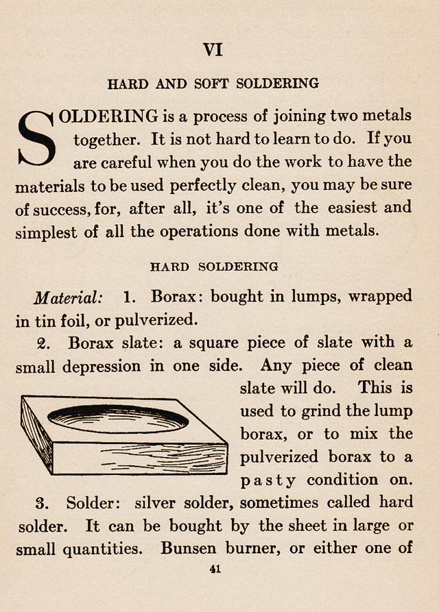 Chapter VI., ch.6, Hard and Soft Soldering, Soldering is a process of joining two metals together.,  Borax Slate, silver solder, bunsen burner