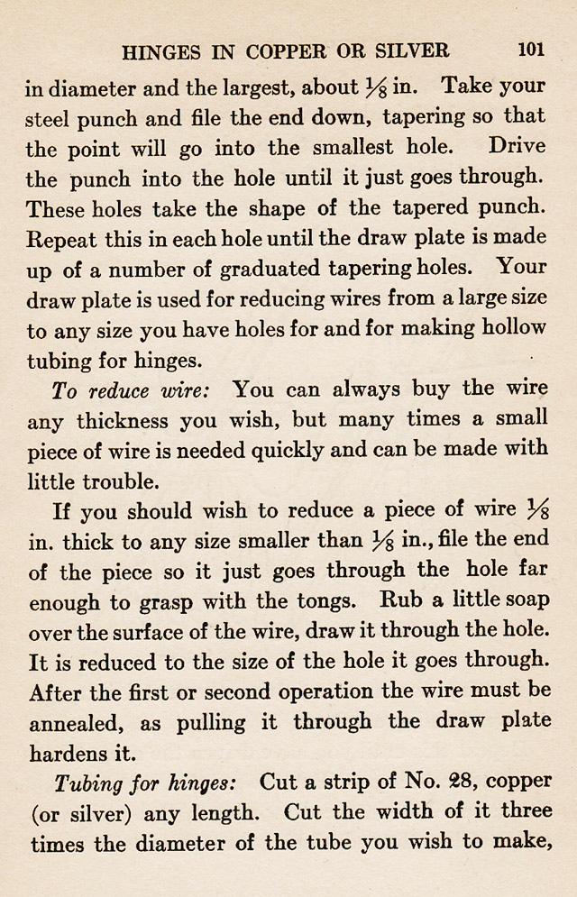 Chapter XI., ch.11, Making Wire Drawing Plate, steel plate, drill, taper punch, graduated holes, soap, tubing for hinges