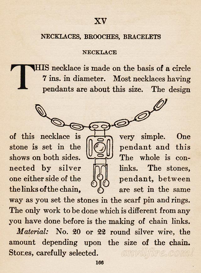 Chapter XV, ch.15, Silver Work, Necklaces, Brooches, Bracelets, This necklace is made on the basis of a circle 7 inches in diameter., design, pendant, chain, links, wire, stones