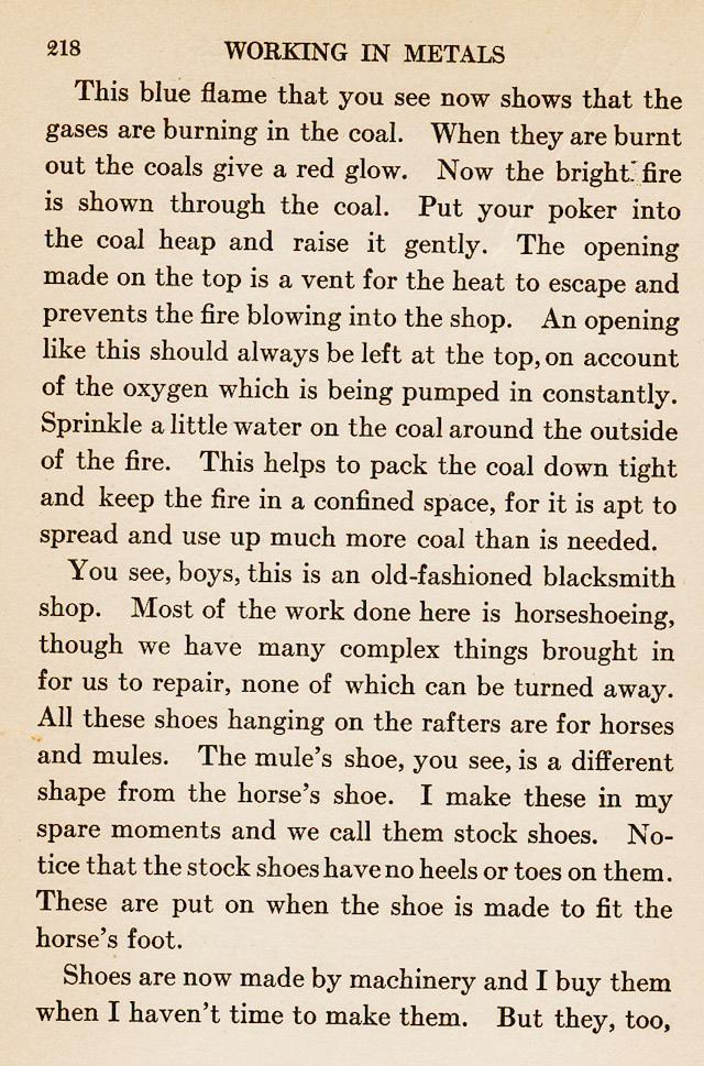 'blue flame', charcoal, coal, coals, pumping bellows, horseshoeing, mule, 'wetting the coal', 'old-fashioned blacksmith shop'


