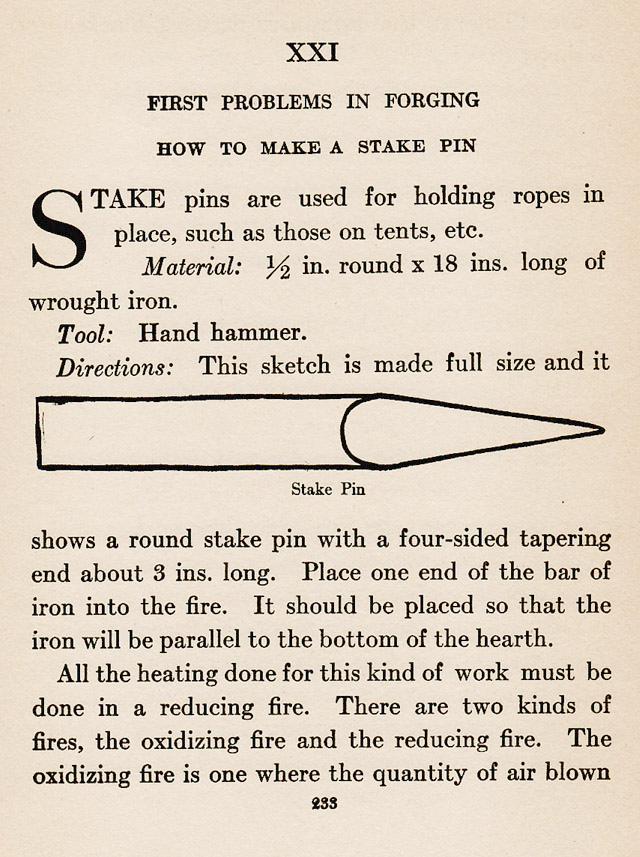 Chapter XXI, ch.21, First Problems in Forging., How to make a Stake pin., projects, Stake pins are used for holding ropes in place such as those on tents. wrought, iron, hand hammer, sketch, tapering, fire, hearth, reducing