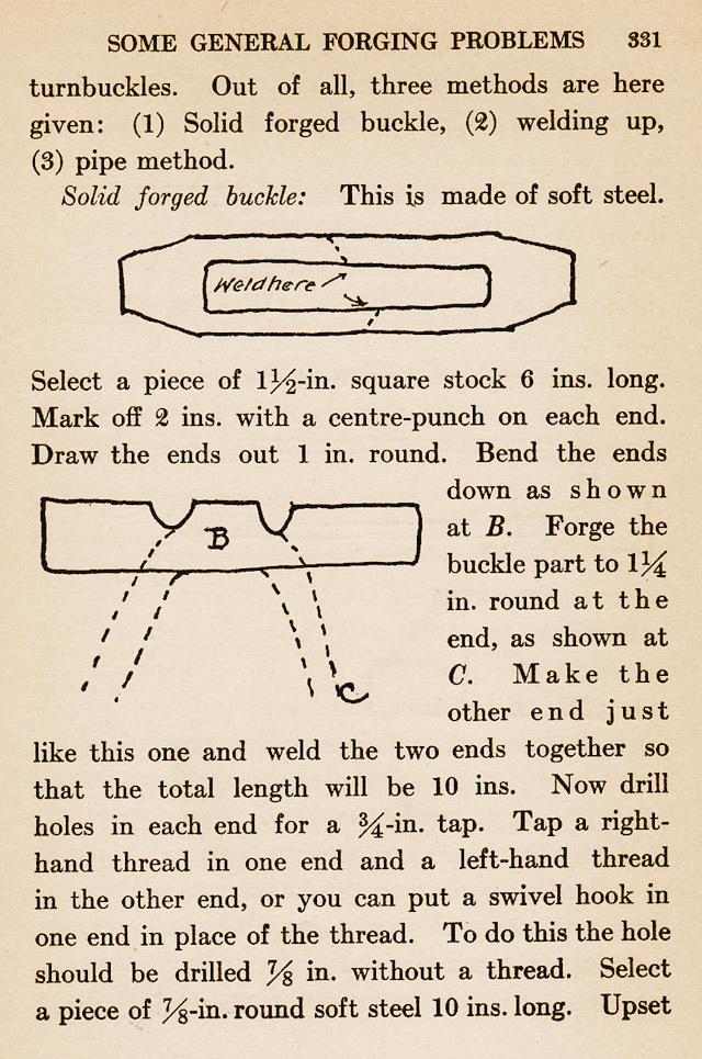 page 331, Turnbuckles, made by three methods, solid forged, welding up, pipe method. Tap right hand thread, tap left hand thread.