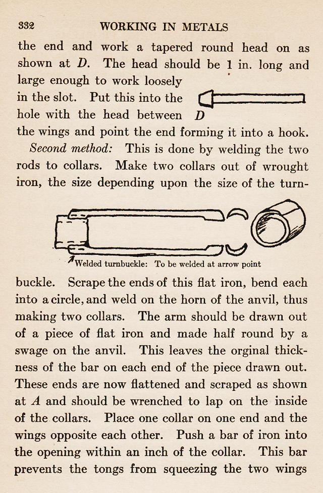 page 332, Turnbuckles, made by three methods, solid forged, welding up, pipe method. Welded turnbuckle from two collars and bars.