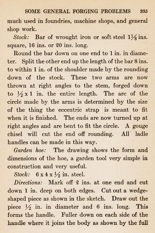 page 335, Eccentirc strap used in foundries, machine shops and general shop work. Wrought Iron. Garden Hoe, drawing, steel, fuller
