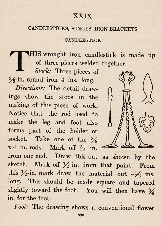 Chapter XXVIX, Ch.29, Candlesticks, Hinges, Iron Brackets, This wrought iron candlestick is made up of three pieces welded together., detail drawings, conventionial flower, 