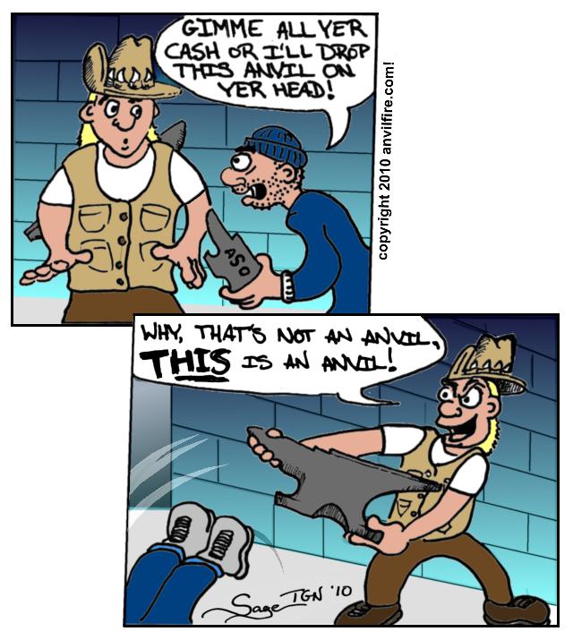 Mugger approaching Aussie bush character with small anvil (ASO) in his hand.  Then Aussie whips out huge anvil and mugger falls over.