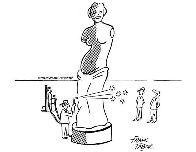 Man commenting on worker welding very large replica of Greek statue of Aphrodite. Harvey takes ornamental iron work to another dimension.